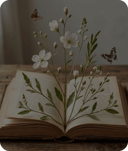 Open book with pressed flowers