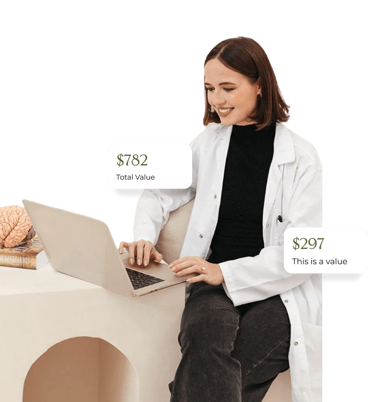 Skin care expert on a video consultation call with $782 total value and $297 bonus value labels