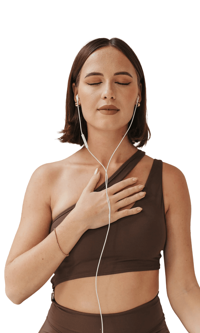 Woman with eyes closed wearing earphones