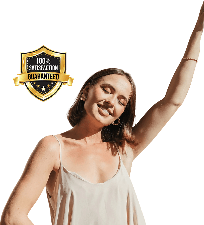 Smiling woman with satisfaction guarantee badge